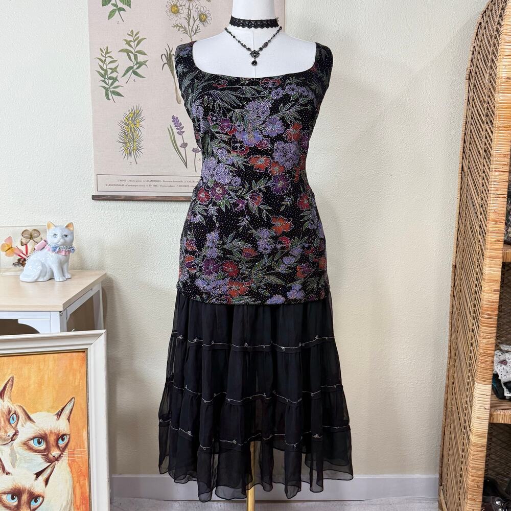 90s Slinky Stretch Glitter Floral Top Dark Fairy Romantic Whimsigoth Witchy 3X